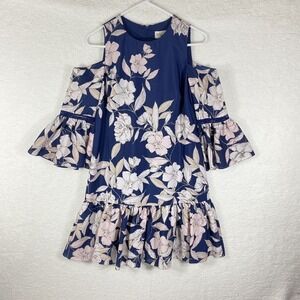 NWT Eliza J Dress Size 4 Navy Blush Floral Cold‎ Shoulder Shift Bell Sleeves